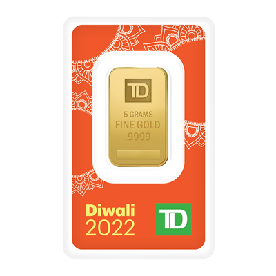 A picture of a 5 gram TD Diwali Gold Bar (2022)